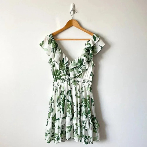 Abercrombie Ruffle Flutter Sleeve Mini Dress Green Floral Size Small Tall - Picture 8 of 10